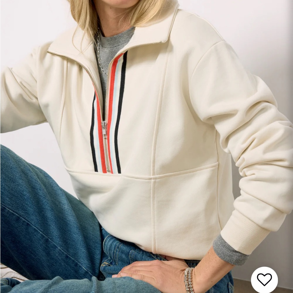 Evereve Cream Zip-Up Sweatshirt with Red and Black Stripes
